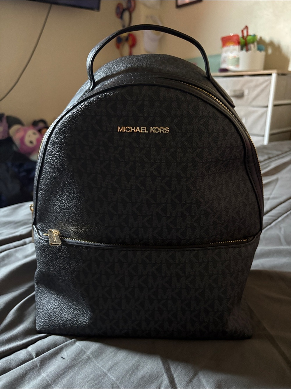 Michael Kors Black Logo Canvas Backpack with Gold Hardware